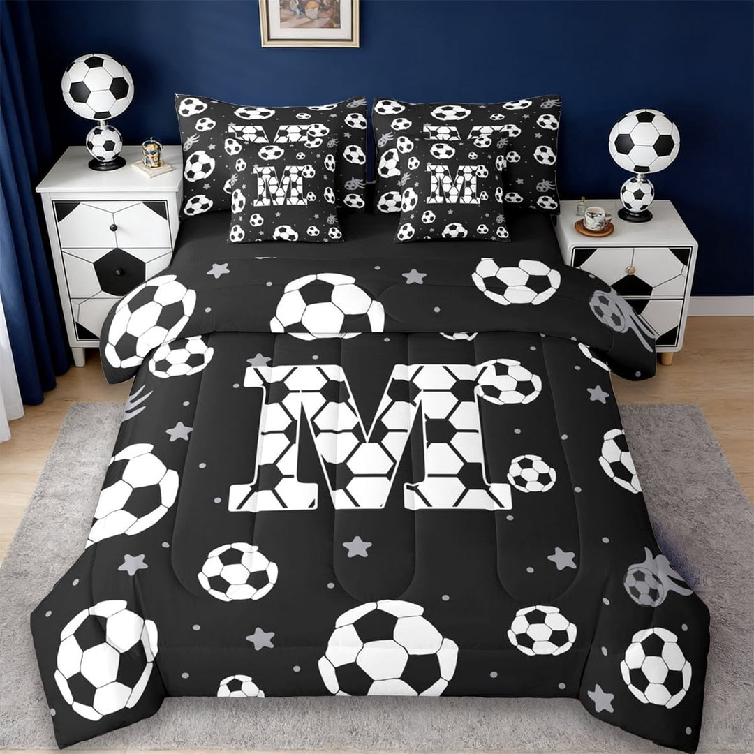 Erosebridal Kids Football Print Letter M 7-Piece Twin Bedding Sets,Soccer Ball Games Bedding Comforter Set For Ball Boys,Reversible Black