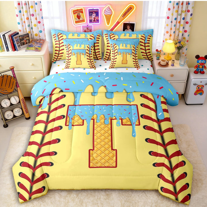 Erosebridal Light Blue Dripping Baseball Stitch &amp; Waffle Letter T Graphic Twin Bedding Sets 7-Piece, Alphabet Graphic Bedding Comforter Set for Boys And Girls Kids,Breathable Home Decor