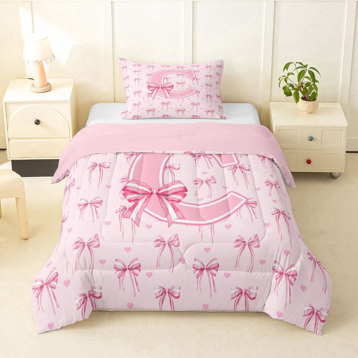 Erosebridal Pink Bow Tie Initial C Twin Comforter Sets 3-Piece For Children Teens,Cute Love Heart Print Bedding Set For Girls,Pink Reversible