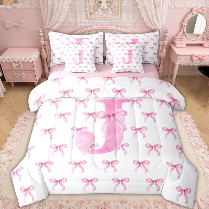 Erosebridal Pink Bow Letter J Twin Bedding Sets for Girls, Pink Letter Bow Bedding Comforter Set for Women, Pink Reversible, 7 Pieces