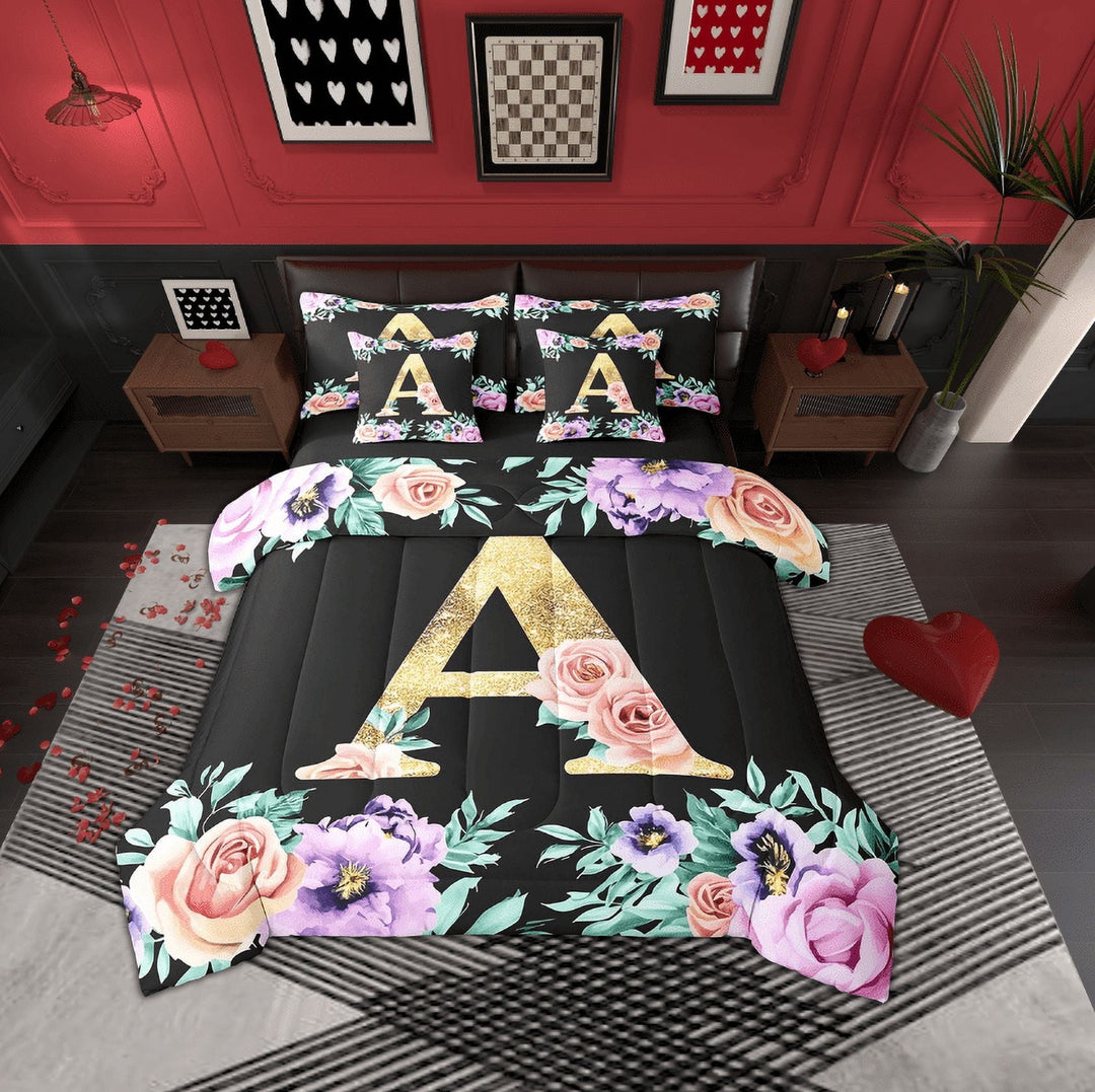 Erosebridal Initial A Letter Bedding Sets, Princess Rose Comforter Sets with Sheets, Gold Monogrammed Reversible Bed Sheets Set, Breathable Room Decorative, 7pcs