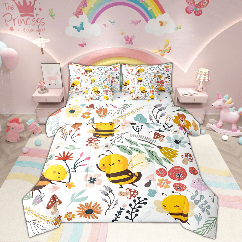 Kawaii Honeybee Comforter Set 7 Piece Bed in a Bag Twin,Mushroom Floral Cartoon Animal Bedding Sets Watercolor Flowers Leaves Sheet Set with Comforter