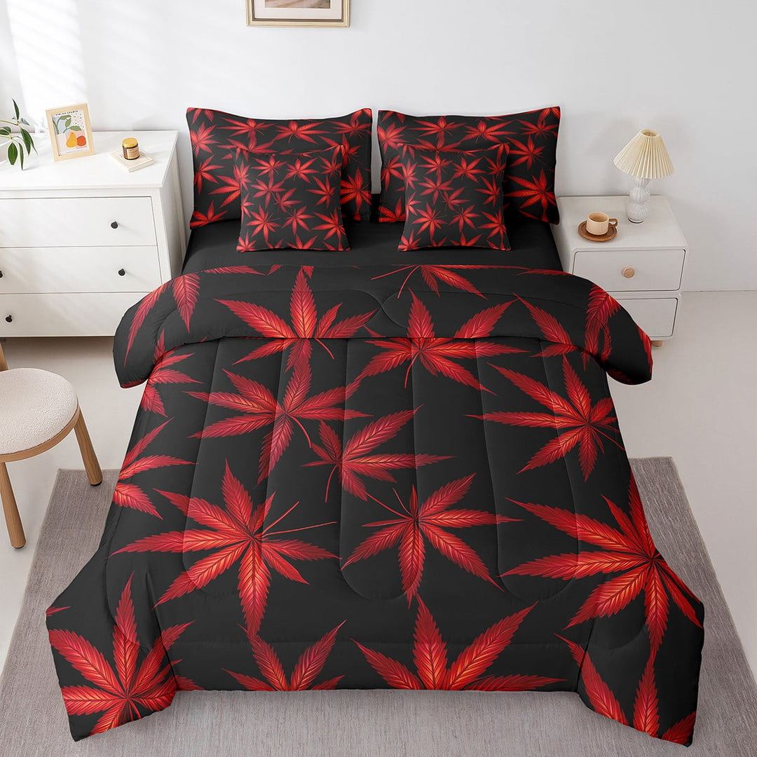 Maple Leaves King Bedding Sets,3D Leaves Woodland Cozy Comforter Set,Autumn Plants Printed Teens (Comforter+Fitted+Flat Sheet+2 Pillowcases+2 Throw Comforter Sets) 7 Pieces Bed Set