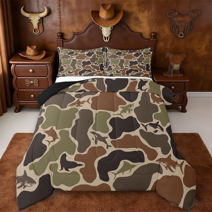 Erosebridal Duck Hunter Camouflage Full Size Comforter Sets,Green Camo Rustic Farmhouse Hunting Bedding Sets For Adults Kids,Reversible Black,3-Piece