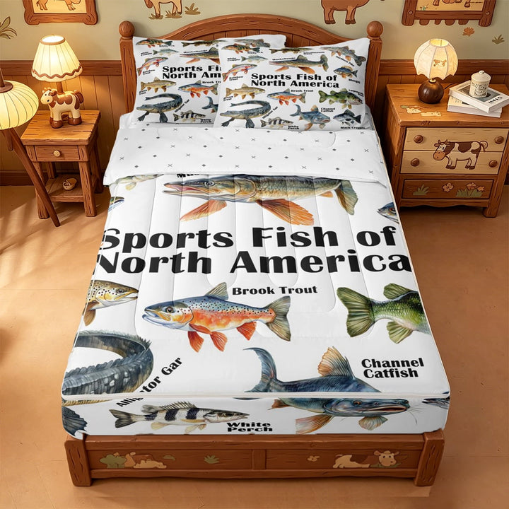 meiyoeat Northern Pike Zipper Full Size Comforter Sets with Fitted Sheet and 2 Pillowcases For Kids,Rustic Bass Fish Zipper Bedding Set For Men,Reversible,4 Pieces