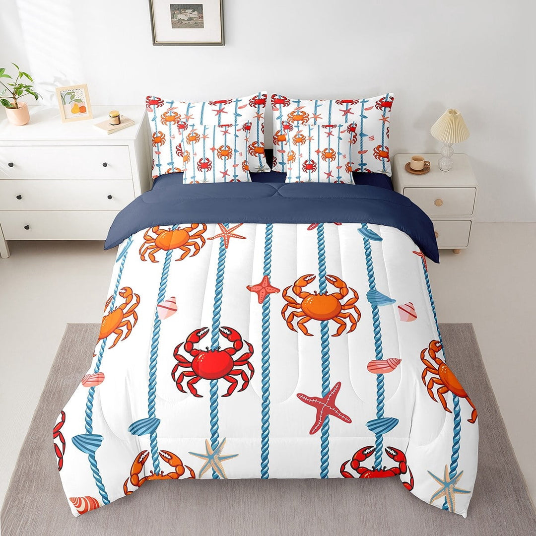 Erosebridal Cartoon Crab Bedding Sets King Size, Cartoon Starfish Comforter Sets with Sheets, Geometric Stripe Decor, Reversible 7pcs