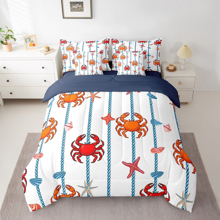 Erosebridal Cartoon Crab Bedding Sets King Size, Cartoon Starfish Comforter Sets with Sheets, Geometric Stripe Decor, Reversible 7pcs