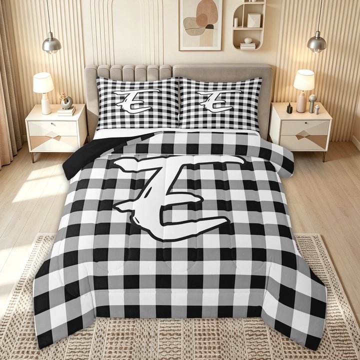 meiyoeat Graffiti Letter E Full Size Comforter Sets for Boys, Checkered Grid Bedding Comforter Set, Black White, Black Reversible, 3pcs, 1 Comforter and 2 Pillowcases