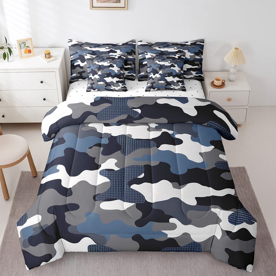 Camouflage Full Comforter Set 7 Piece,Military Camo Bed in A Bag With Sheet Set Teen Men Army Navy Blue Grey Black Camo Bedding Set Abstract Colorful Art Bed Set