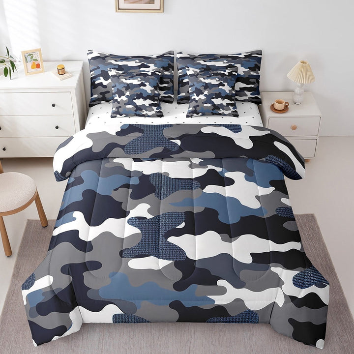 Camouflage Full Comforter Set 7 Piece,Military Camo Bed in A Bag With Sheet Set Teen Men Army Navy Blue Grey Black Camo Bedding Set Abstract Colorful Art Bed Set