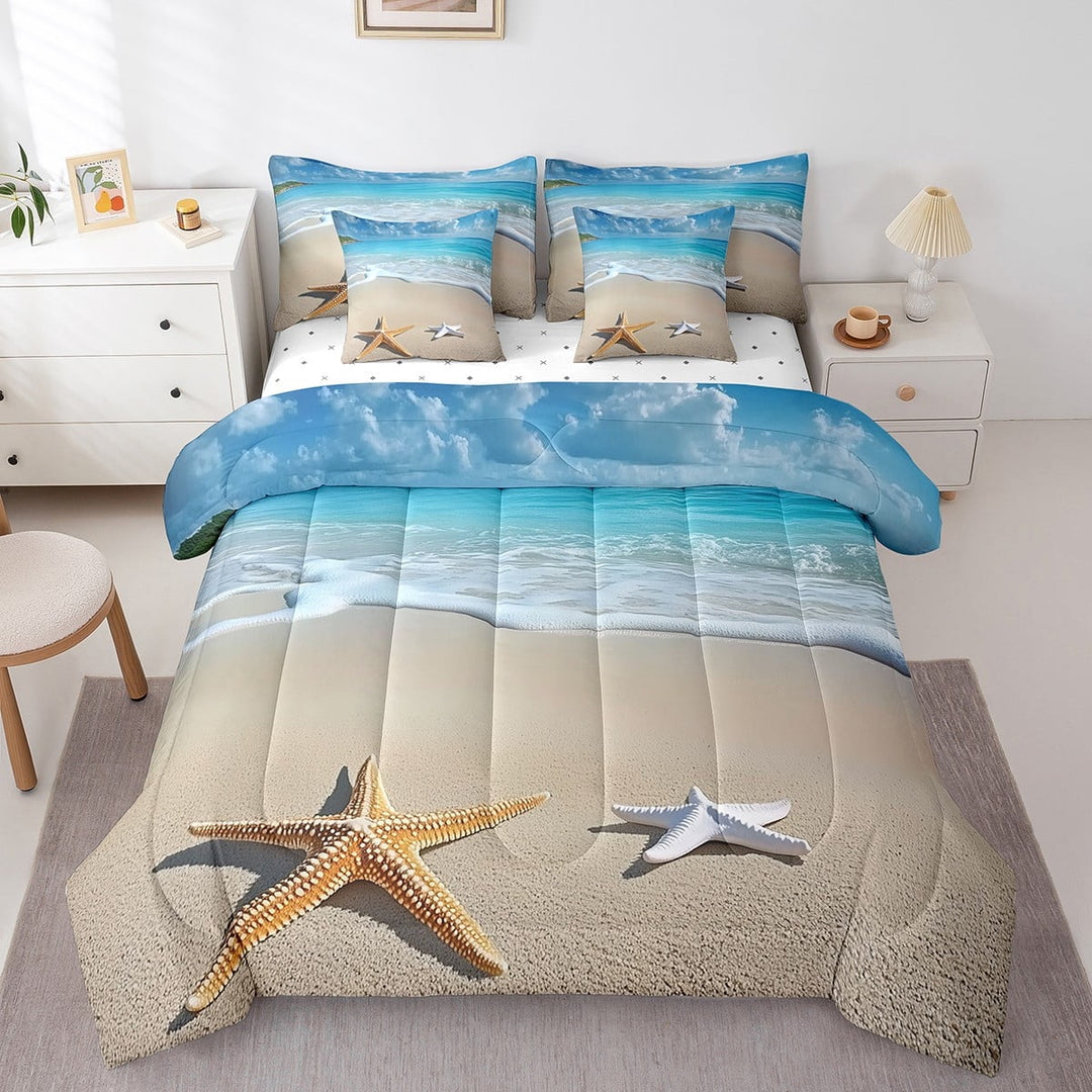 Erosebridal Kawaii Starfish Bed in a Bag Twin size, Coastal Beach Bed Set, Nature Ocean decor, Reversible 7pcs
