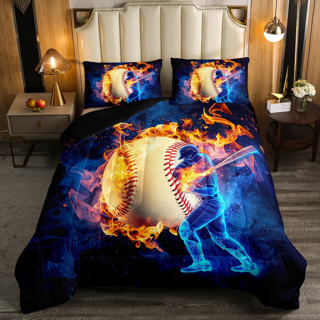 Baseball Comforter Set European Sport Full Bedding Sets ,Baseball Bat Quilt,Flaming Fire Ball Game Player Duvet Insert Softball Sports Ball Room Decor
