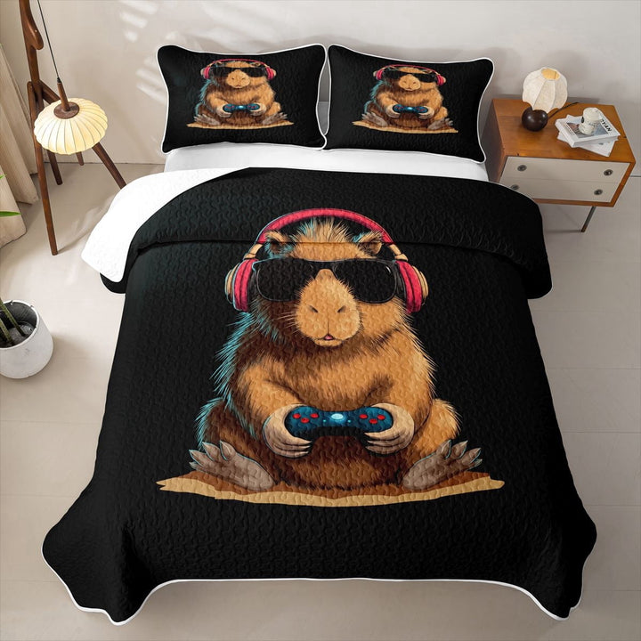 Erosebridal Funny Gamer Capybara Bed Spread Queen,Modern Video Controller Pattern Queen Coverlet Set For Girls,3 Pieces