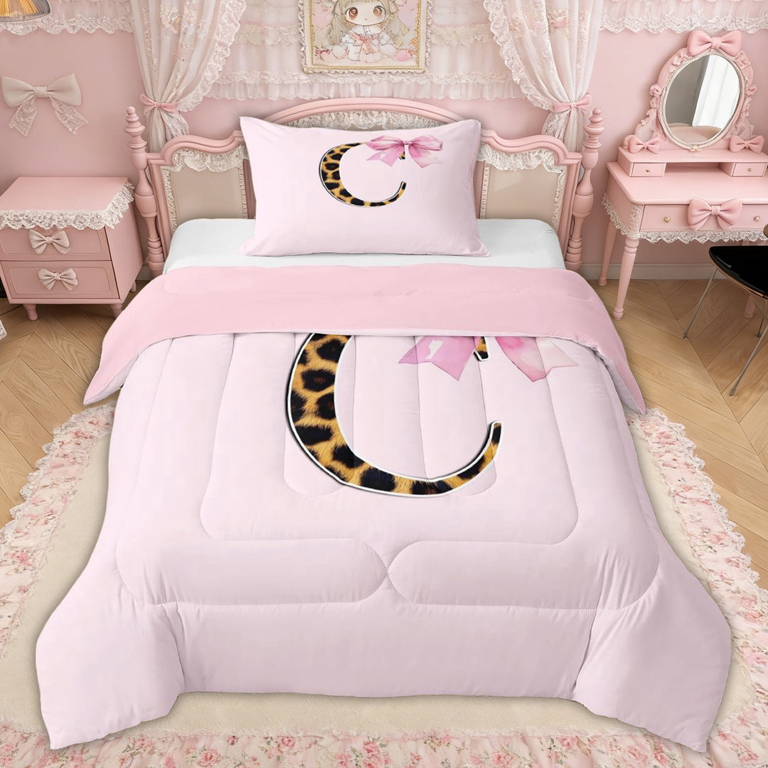 Erosebridal Watercolor Bowknot Twin Comforter Sets, Leopard Print Letter C Bedding Set for Girls Kids, Pink Reversible, 2-Piece