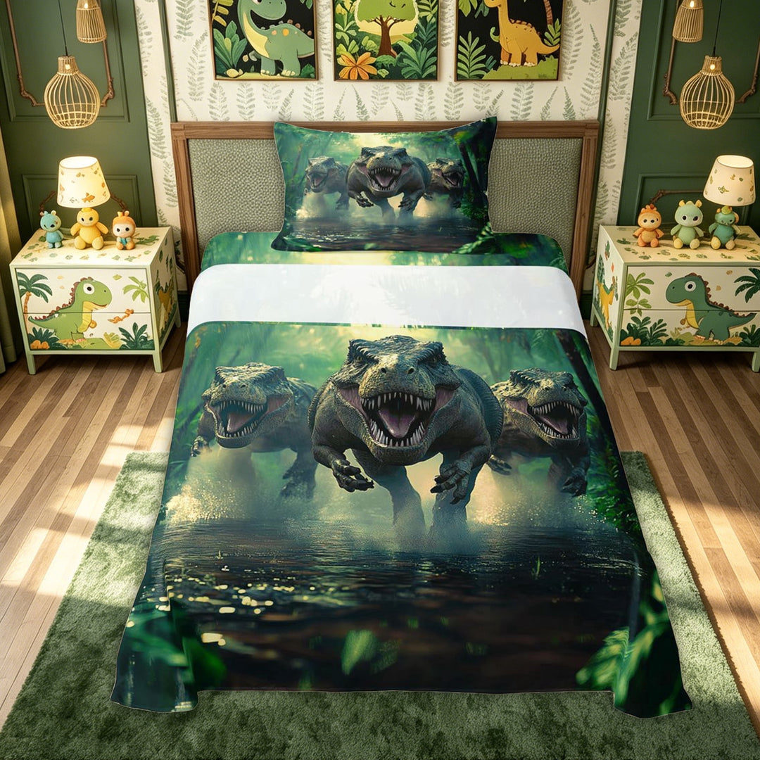 meiyoeat 3D Rustic Dino Family Bed Sheets for Kids Boys, Green Jungle Dinosaur Full Size Sheets, 4pcs