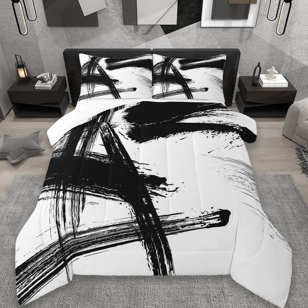 Erosebridal Retro Geometric Stripes Queen Comforter Set,White Black Bedding Comforter Set For Kids 3pcs