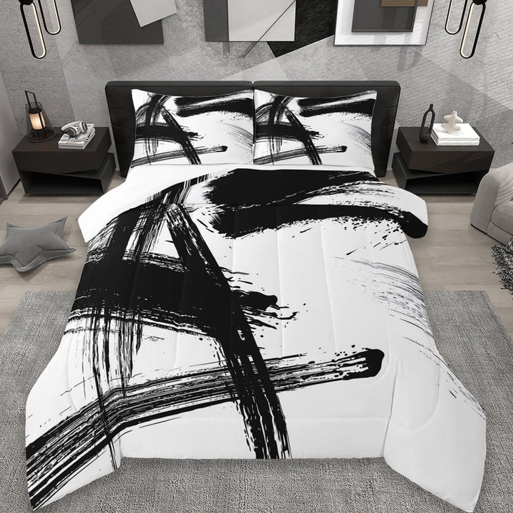Erosebridal Retro Geometric Stripes Queen Comforter Set,White Black Bedding Comforter Set For Kids 3pcs
