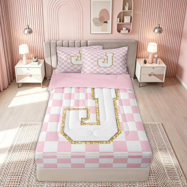 meiyoeat Glitter Print Letter J Zipper Twin Comforter Sets with Fitted Sheet and 2 Pillowcases for Kids, Fashion Buffalo Zipper Bedding Set for Kids, Gold, Pink Reversible, 4pcs