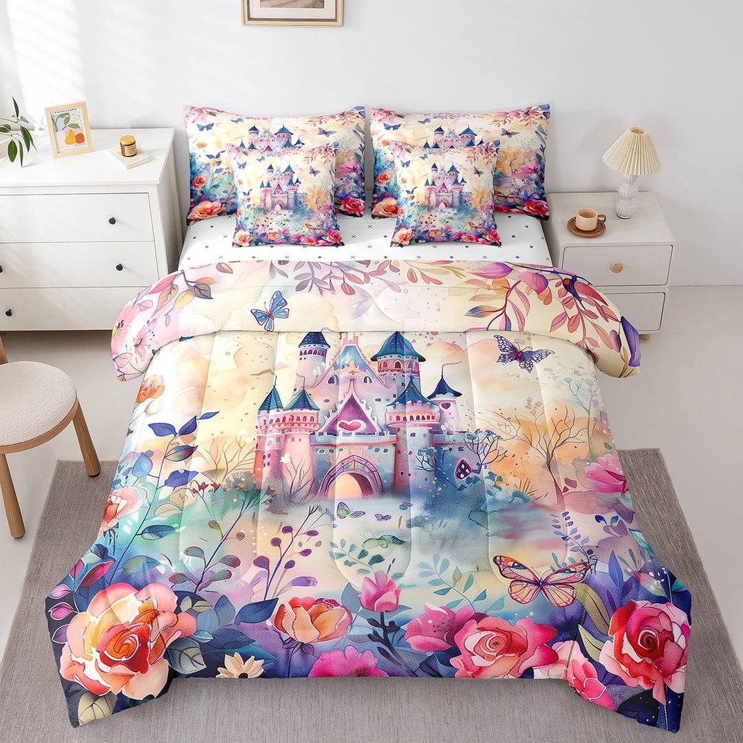 Watercolor Castle Bedding Comforter Sets 7pcs Princess Bed in a Bag, Fairy Tales Full Bedding Sets Blue Butterfly Comforter Set, Rainbow Flower Bedding Sets &amp; Collections Bedroom Decor