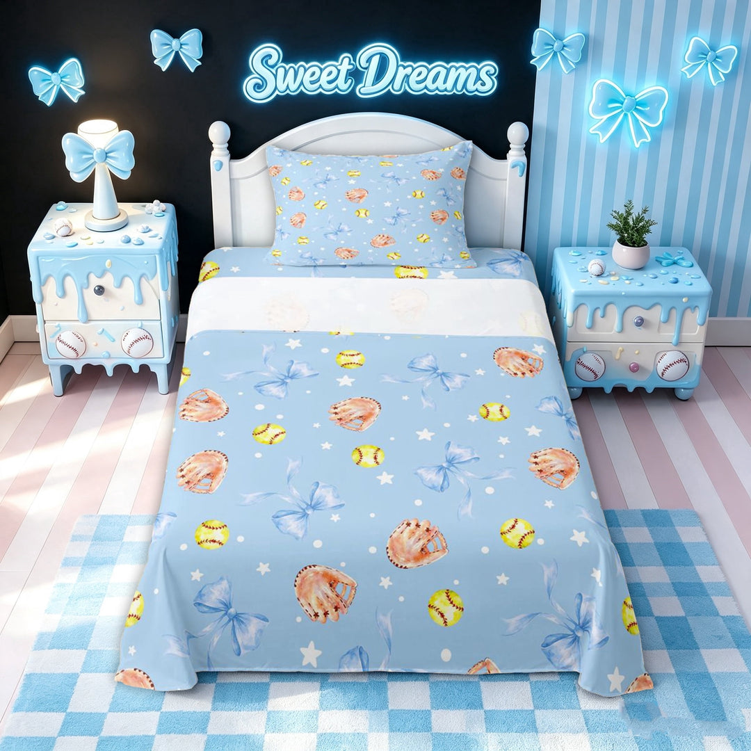 meiyoeat Blue Softball Bow Bed Sheets for Girls, Cute Ball Glove Print Full Size Sheets, 4-Piece, 1 Flat Sheet, 1 Fitted Sheet and 2 Pillowcases