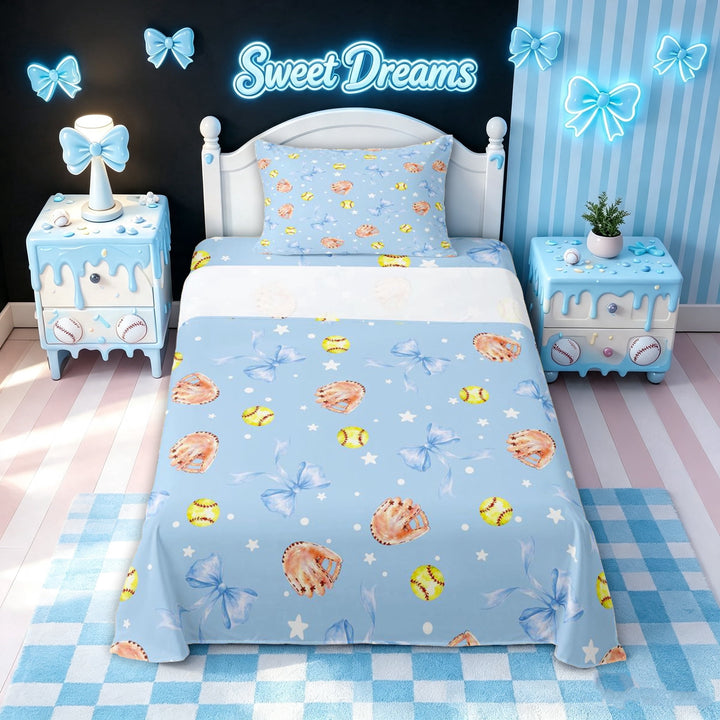 meiyoeat Blue Softball Bow Bed Sheets for Girls, Cute Ball Glove Print Full Size Sheets, 4-Piece, 1 Flat Sheet, 1 Fitted Sheet and 2 Pillowcases