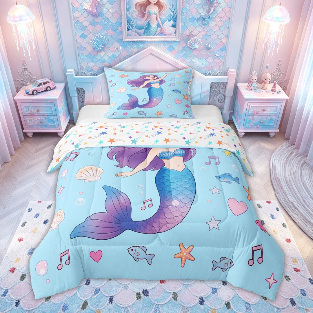 meiyoeat Fairy Sea Mermaid Princess Full Size Comforter Sets for Kids Boys Girls, Music Note Starfish Bedding Comforter Set, Blue, Colorful Star Reversible, 3pcs, 1 Comforter and 2 Pillowcases