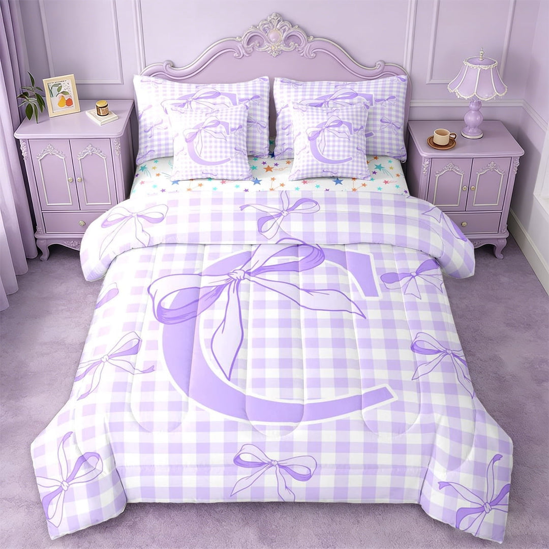 Erosebridal Purple Buffalo Plaid 7-Piece Twin Bedding Sets For Kids,Initial Letter C Monogrammed Bedding Comforter Set For Bowknot Lover,Colorful Stars Reversible