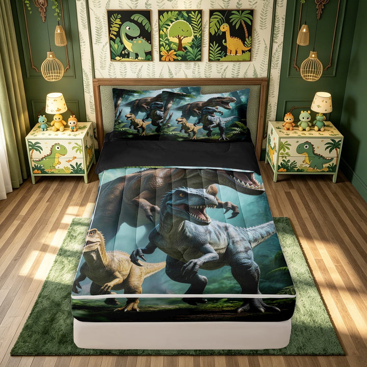 meiyoeat Jungle Dino Wildlife Zipper Full Size Comforter Sets with Fitted Sheet and 2 Pillowcases for Boys Kids Men, Dinosaur Family Zipper Bedding Set, Green, Black Reversible, 4 Pieces
