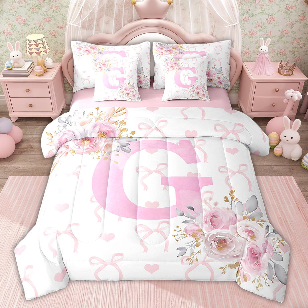 Erosebridal Girly Pink Initial G Bedding Sets Twin Size, Couple Valentines Day Bedding Accessories, Romantic Rose Decor, Pink Reversible 7-Piece