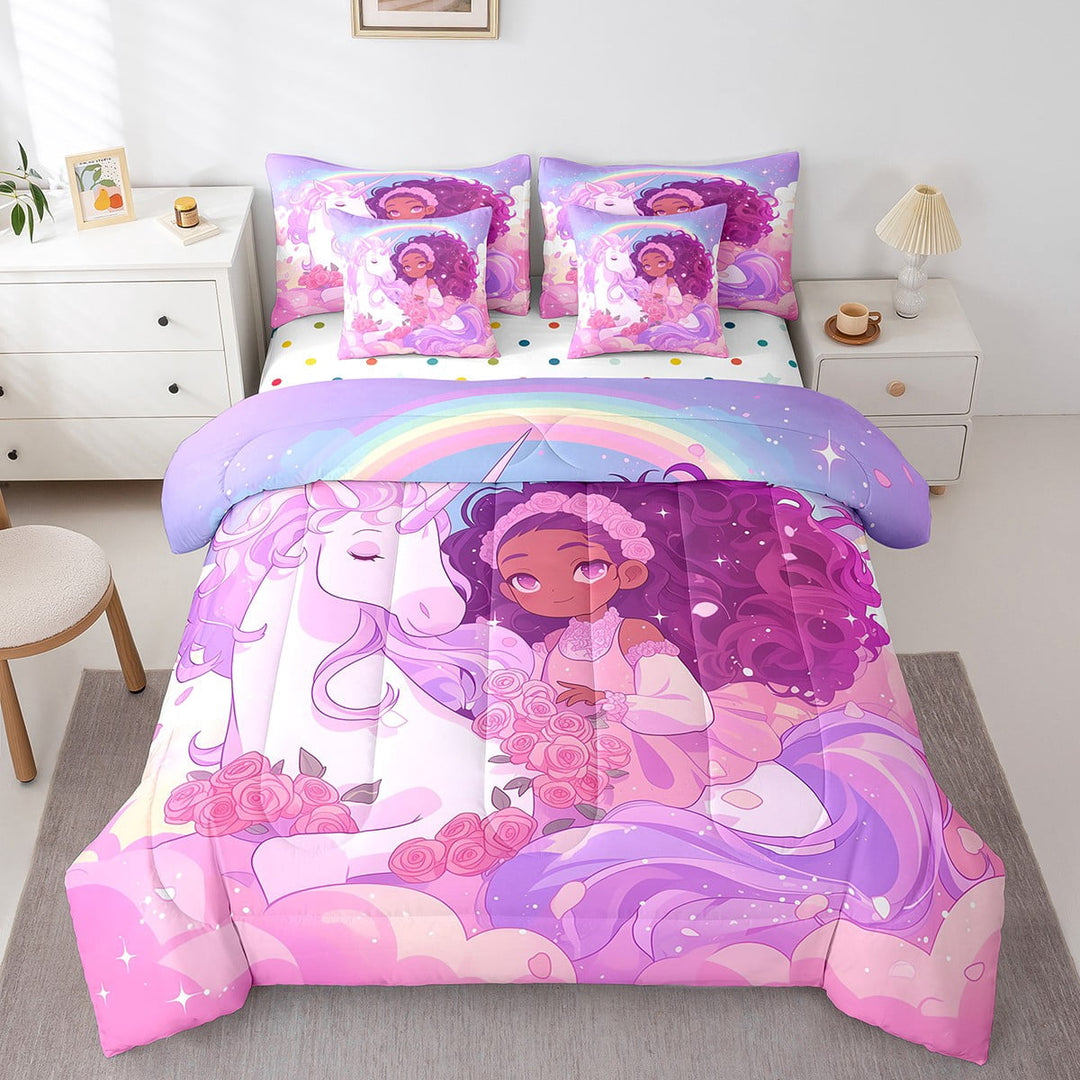 Black Bed In A Bag Twin Cute Unicorn Comforter Set 7-Piece Purple Princess Flowers Bedding Sets Teens American Black Top Sheet