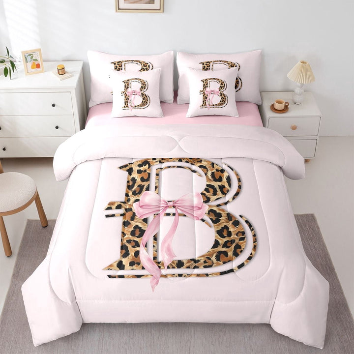 Erosebridal Kids Pink Bow Initial B Twin Bedding Sets, Modern Leopard Print Bedding Comforter Set, 7pcs