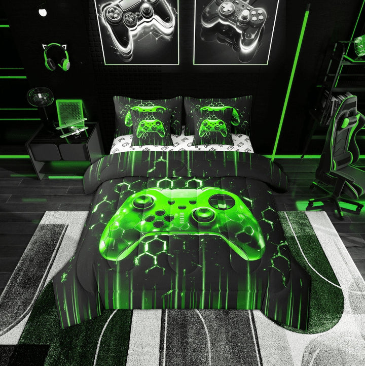 Erosebridal Video Game Theme Bedding Twin Size, Gradient Green Gamepad Comforter Sets with Sheets, Neon Green Light Bedroom Decor, Reversible 7pcs