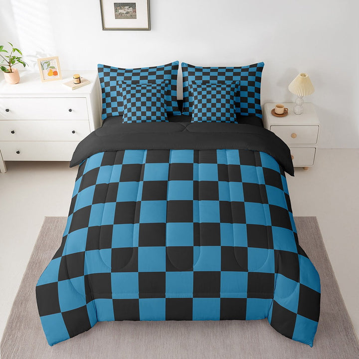 Erosebridal Check Plaid Bedding Sets Twin Size, Geometric Comforter Sets with Sheets, Farmhouse Gingham Decor, Reversible 7 Pieces