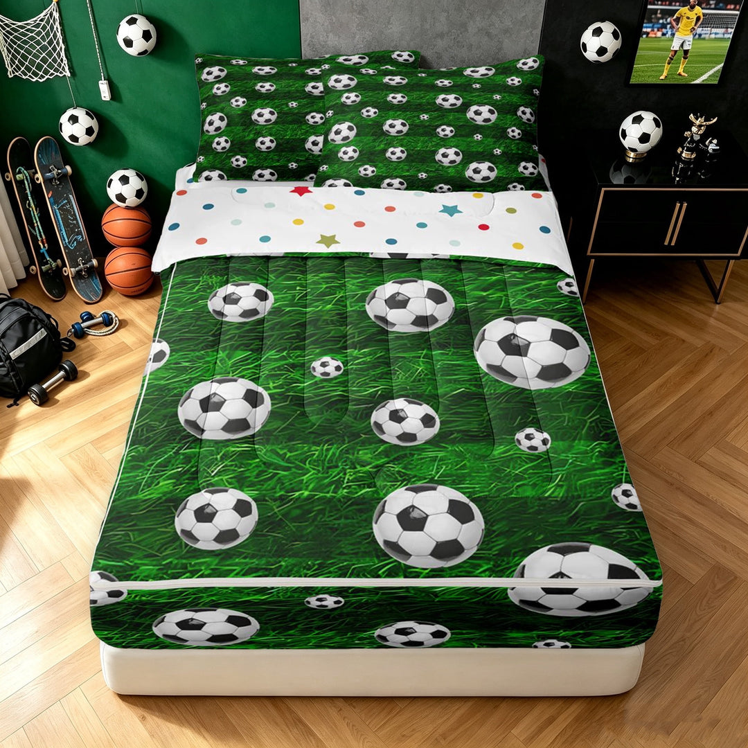 meiyoeat Cartoon Sport Soccer Zipper Full Size Comforter Sets with Fitted Sheet and 2 Pillowcases for Boys, Green Grass Stripes Zipper Bedding Set, Polkadot Reversible, 4 Pieces
