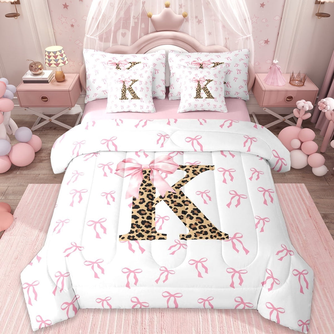 Erosebridal Ribbon Princess Bowknot 7-Piece Twin Bedding Sets,First Letter K Bedding Comforter Set For Leopard Girl,Reversible