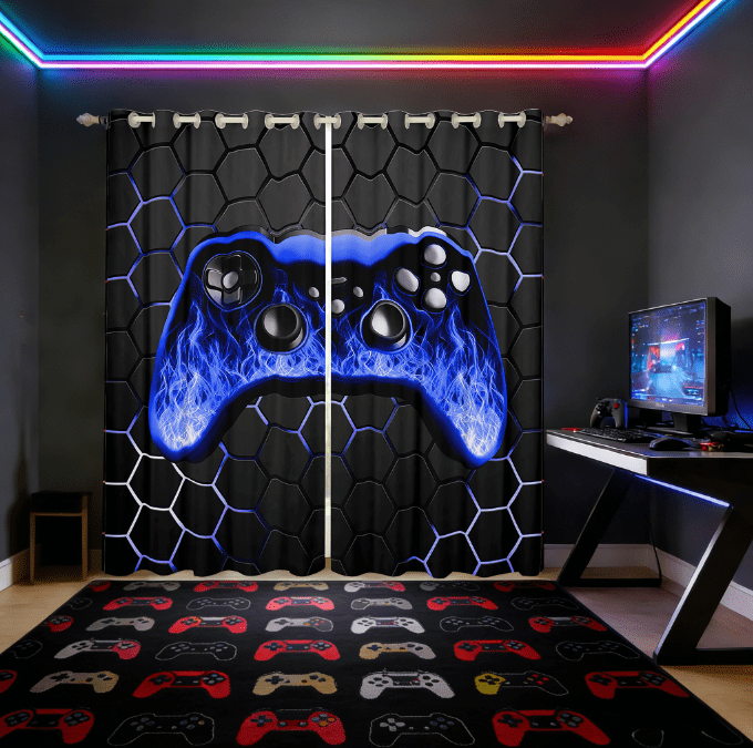 Manfei Gaming Curtains and Drapes (38x45),Game Gamer Controller Blackout Curtains for Bedroom,Gradent Navy Black Curtains Pack of 2 (38x45) For Boy,Microfiber Room Decor
