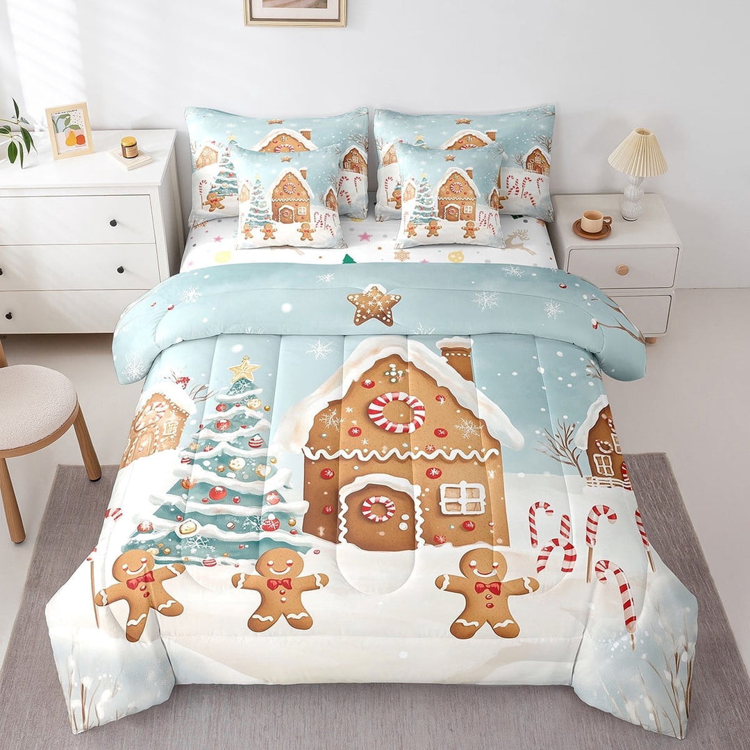 Cute Christmas Gingerbread Man Bedding Set 7 Pcs,Xmas Tree Cabin Bed In A Bag Holiday Candy Cane Winter Snowflake King Comforter Set New Year Glitter Stars Bed Set