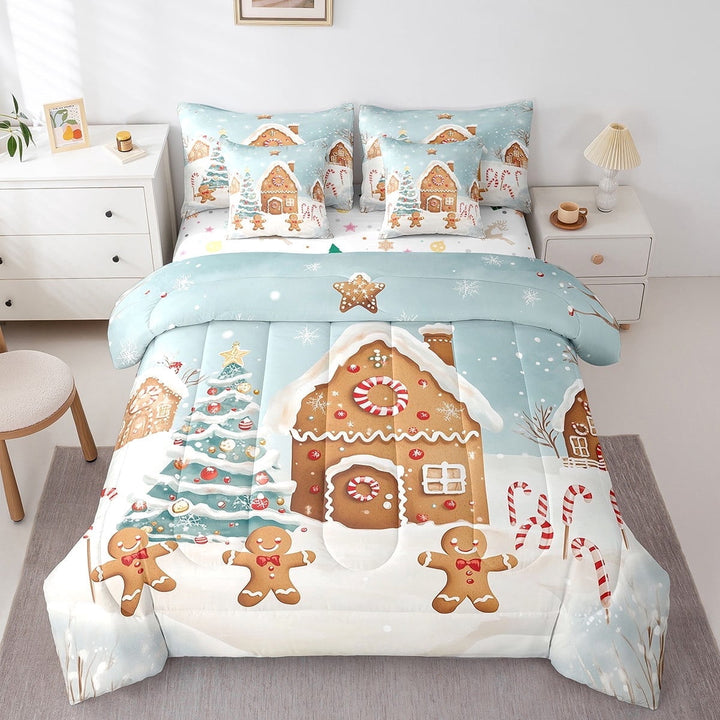 Cute Christmas Gingerbread Man Bedding Set 7 Pcs,Xmas Tree Cabin Bed In A Bag Holiday Candy Cane Winter Snowflake King Comforter Set New Year Glitter Stars Bed Set
