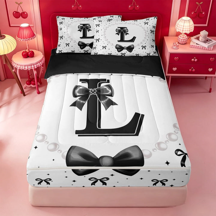 meiyoeat Fashion Women Pearl Necklace Zipper Full Size Comforter Sets with Fitted Sheet and 2 Pillowcases,Black Bowknot Monogrammed L Zipper Bedding Set For Kids,Black Reversible,4-Piece