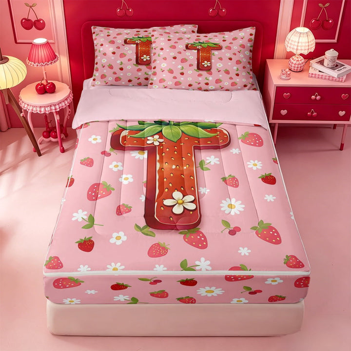 meiyoeat Cute Flowers Daisy Zipper Full Size Comforter Sets with Fitted Sheet and 2 Pillowcases,Strawberry Floral Theme Initial T Zipper Bedding Set For Girl,Pink Reversible,4 Pieces