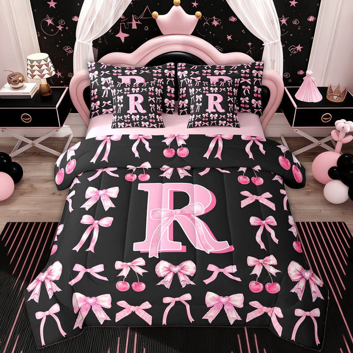 Erosebridal Kid Bow Initial R Twin Bedding Sets, Princess Ribbon Bedding Comforter Set, 7-Piece