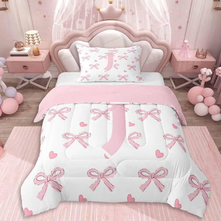 Erosebridal Cute Letter J Monogrammed Twin Comforter Sets 3-Piece For Kids Teens,Cartoon Bow Tie Bedding Set For Girls,Pink Reversible,Ultra Soft Home Decor