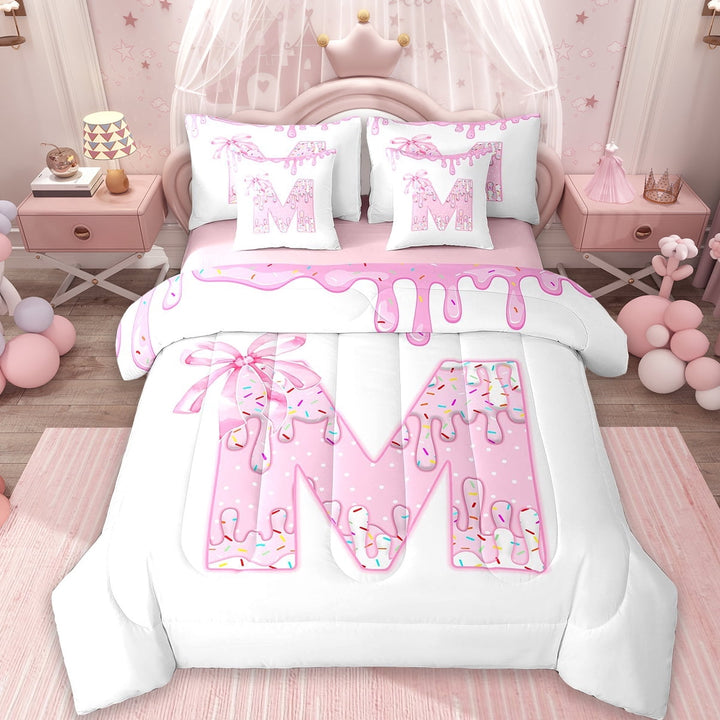 Erosebridal Dressert Print M Bedding Sets Twin Size,Princess Sweets Intial M Comforter Sets with Sheets,Watercolor Bowknot Candy For Teenagers, Lightweight Bedroom Decorative Reversible,7-Piece