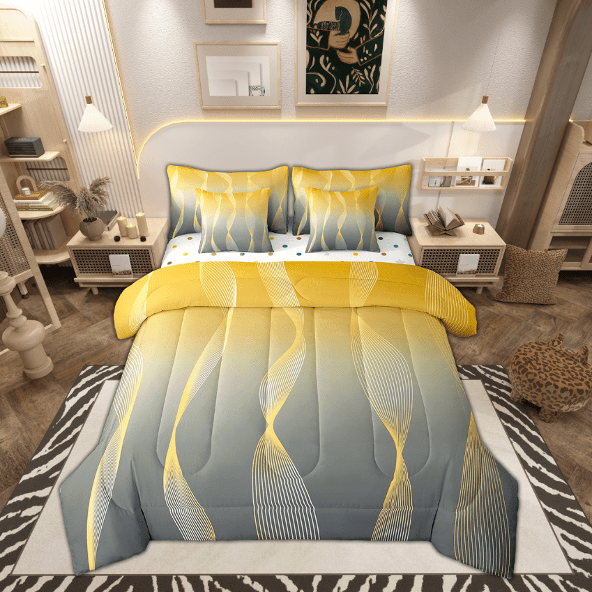 Gradient Gradient Yellow To Grey 7 Piece Comforter Set Full Bed in a Bag,Silver Foil Print Wave Striped Bedding Sets Abstract Ombre Art Sheet Set with Comforter