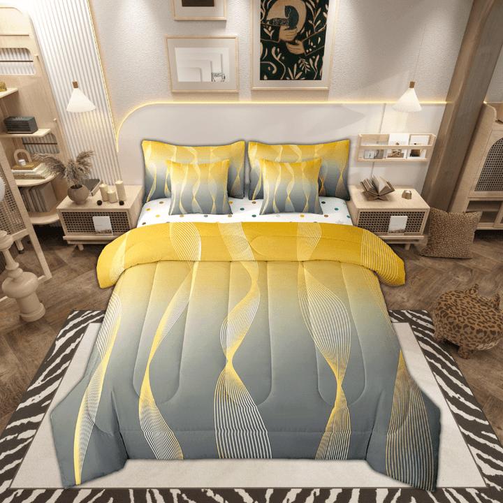 Gradient Gradient Yellow To Grey 7 Piece Comforter Set Full Bed in a Bag,Silver Foil Print Wave Striped Bedding Sets Abstract Ombre Art Sheet Set with Comforter