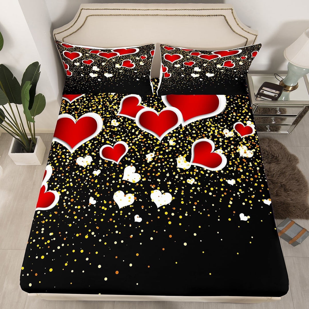 Red Love Heart Fitted&amp;nbsp;Sheet Gold Sequin Print Sheets Queen Size Bed Set,Romantic Valentine&