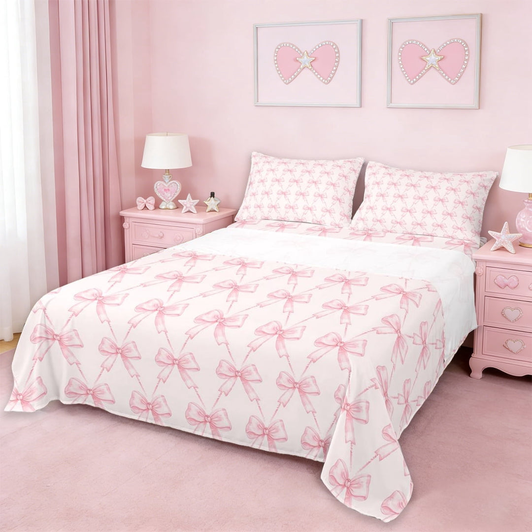 Erosebridal Pink Coquette Bowtie Full Size Sheets For Kids£¬Girls Dreamy Princess Bow Bed Sheets 4pcs