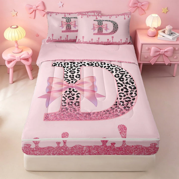meiyoeat Bow Glitter Initial D Print Zipper Full Size Comforter Sets with Fitted Sheet and 2 Pillowcases For Girls,Pink Leopard Drip Monogram Theme Zipper Bedding Set,Pink Reversible,4-Piece