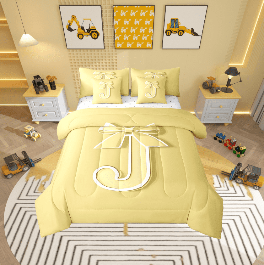 Erosebridal Kawaii Initial Letter Bed in a Bag Twin size, Monogrammed J Bed Set, Ribbon Cow Reversible Bedding Twin Size, Ultra Soft Bedroom Decoration, 7pcs