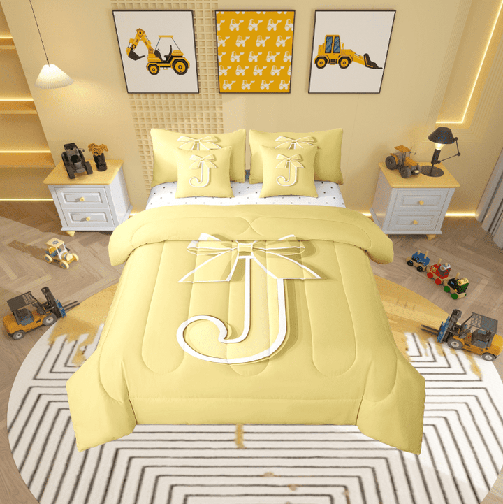 Erosebridal Kawaii Initial Letter Bed in a Bag Twin size, Monogrammed J Bed Set, Ribbon Cow Reversible Bedding Twin Size, Ultra Soft Bedroom Decoration, 7pcs